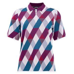 J Lindeberg Anais Knit Ladies Golf Short Sleeve Sweater in Purple Blue Argyle M